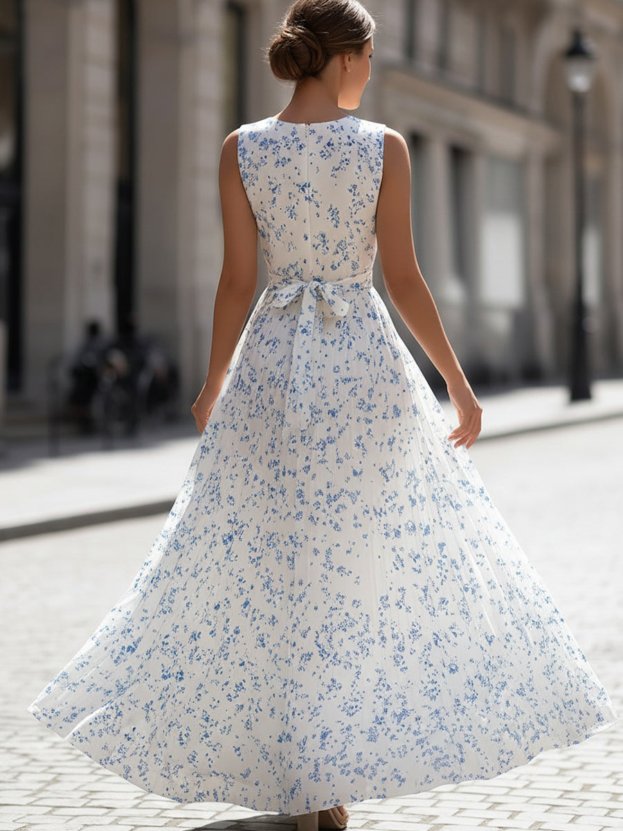 White &amp; Blue Ditsy Floral Sleeveless Pleated Maxi Dress