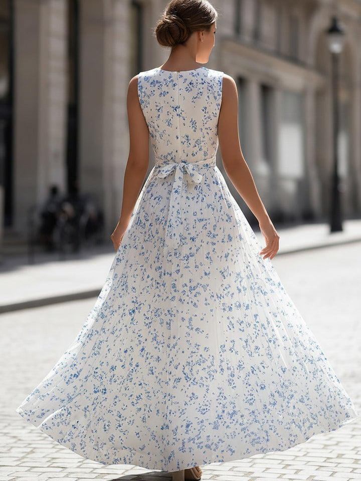 White &amp; Blue Ditsy Floral Sleeveless Pleated Maxi Dress