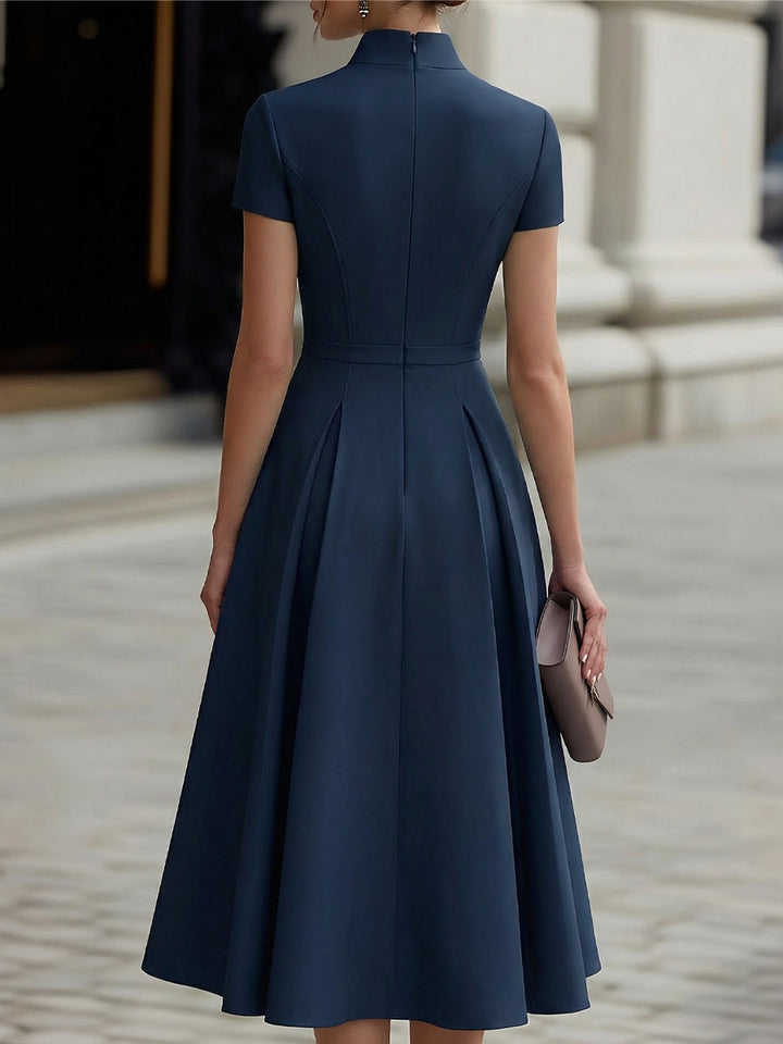 Zip-Front Short Sleeve Fit &amp; Flare Midi Dress