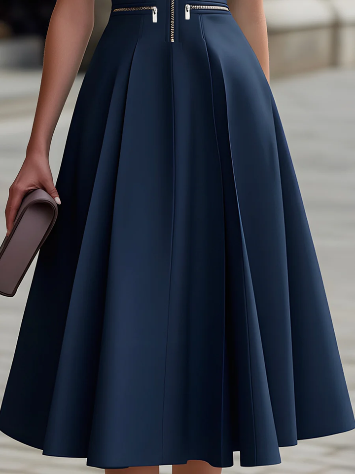 Zip-Front Short Sleeve Fit &amp; Flare Midi Dress