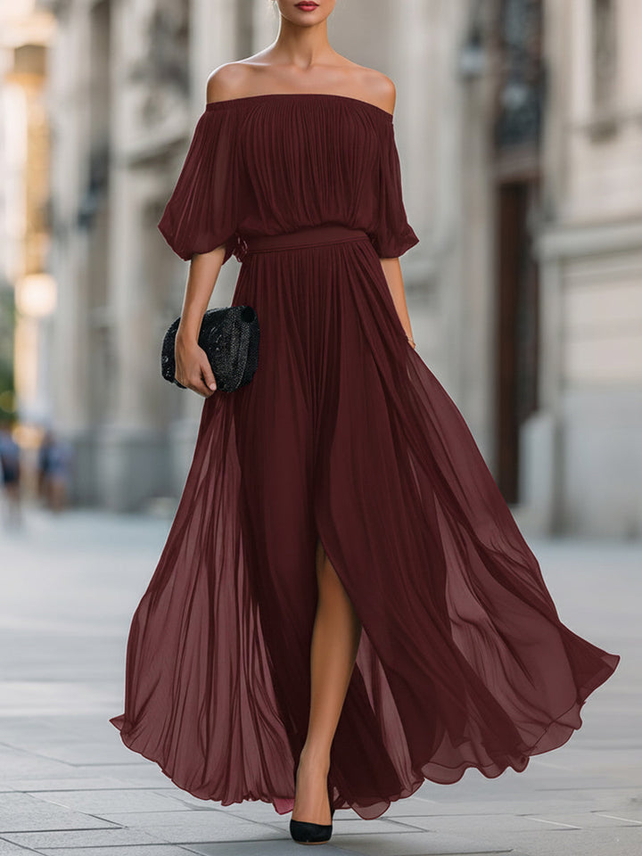 Off-Shoulder Pleated Chiffon Maxi Dress