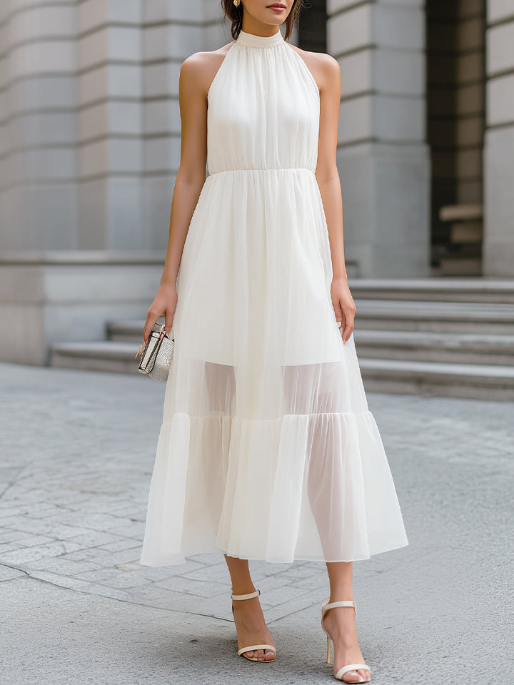 Halter-Neck Chiffon Tiered Midi Dress With Sheer Panels