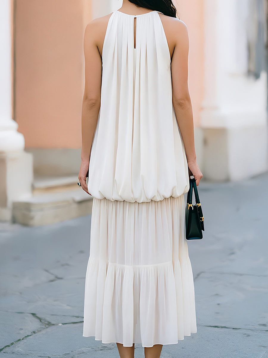Sleeveless Bubble-Hem Chiffon Tiered Midi Dress