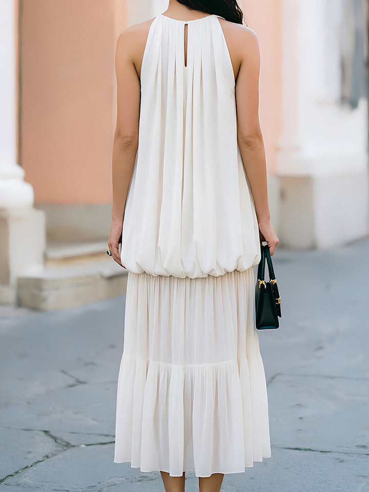 Sleeveless Bubble-Hem Chiffon Tiered Midi Dress