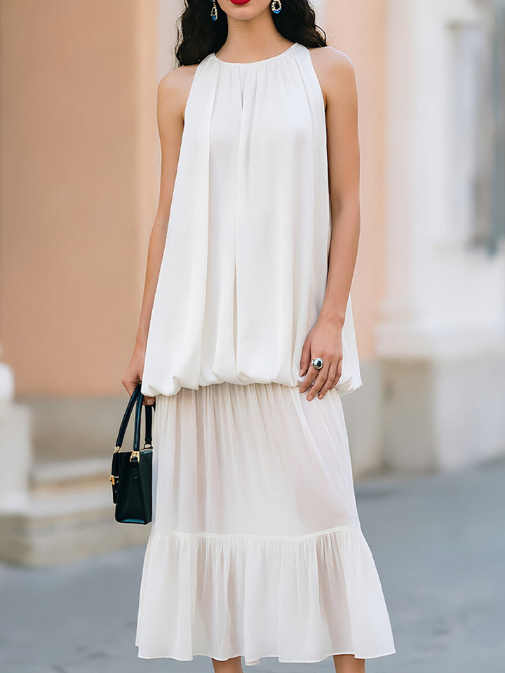 Sleeveless Bubble-Hem Chiffon Tiered Midi Dress