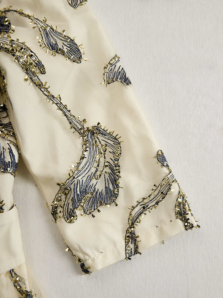 Embroidered Mesh Midi Dress With Metallic Leaf Motif