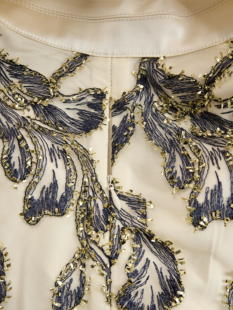 Embroidered Mesh Midi Dress With Metallic Leaf Motif