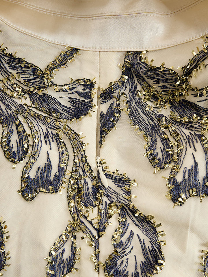 Embroidered Mesh Midi Dress With Metallic Leaf Motif