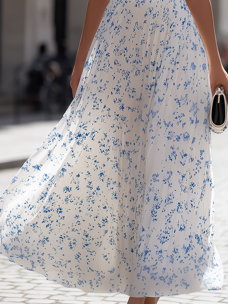 White &amp; Blue Ditsy Floral Sleeveless Pleated Maxi Dress