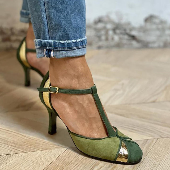 Alona™ | Patchwork décolleté with T-strap and closed toe